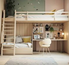 there is a bunk bed with a desk and chair in the room next to it