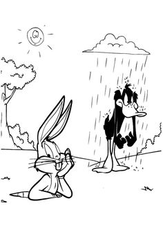 a cartoon character kneeling down in the rain with an umbrella over his head and another person holding