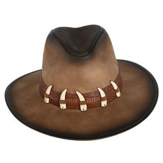 This unique outback hat has a pinch front crown and an interior elasticized sweatband to give you the perfect fit and to keep you dry. There are eyelets for breathability and the UPF 50+ sun protection helps shield you from the sun. The unique hatband features faux animal teeth and really gives you an outback feel. Made of 65% PU, 35% Polyester Leather Ivy Cap, Outback Hat, Animal Teeth, Western Hat, Western Cowboy Hats, Western Hats, Hat Band, Distressed Leather, Gift Accessories