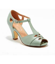 Chelsea Crew Mint Leatherette T-Strap Catherina Heels - Unique Vintage - Womens, SHOES, HEELS Vintage T-strap Sandals For Summer, Retro T-strap Sandals With Round Toe, Green Low Heel Retro Heels, Vintage T-strap Sandals For Spring, Spring Vintage T-strap Sandals, Vintage Ankle Strap T-strap Sandals, Vintage Green Heels, Vintage T-strap Heels For Summer, Vintage Green Open Toe Sandals