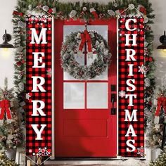 a red door decorated with christmas wreaths and plaid ribbon is surrounded by holiday decorations