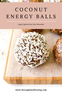 coconut energy balls on a cutting board with text overlay