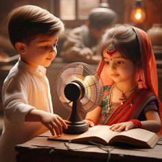 two children are looking at a book with a fan on it and one girl is holding an open book