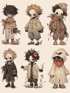 four cartoon characters with different clothes and hair, one is wearing an animal mask while the other