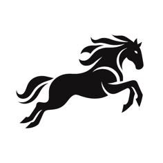 a black and white silhouette of a running horse with long manes on it's tail