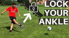 a young man kicking a soccer ball on top of a field with the words lock your ankles