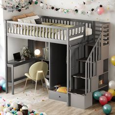 a loft bed with stairs, desk and balloons in the air above it is an office space for children to work on