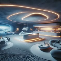 an artistic rendering of a futuristic living room with circular lights on the ceiling and round couches