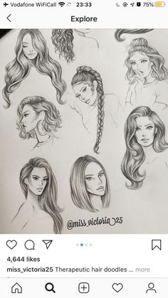 a drawing of some girls with long hair and braids on their head, in different styles