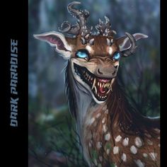 a painting of a deer with blue eyes and horns