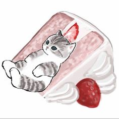 a drawing of a cat sitting on top of a piece of cake with strawberries