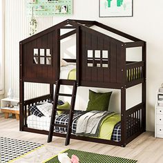 a child's bedroom with a bunk bed and green rugs on the floor