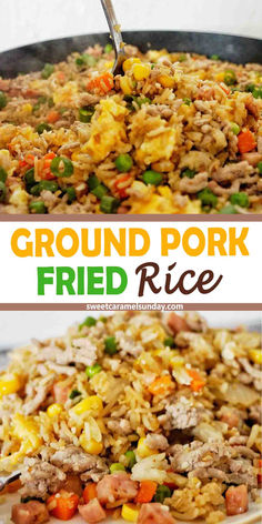 Spoon stirring fried rice in large black pan. There is text written between 2 images. Chinese Ground Pork Recipes, Canned Ground Pork Recipes, Ground Pork Fried Rice, Ground Pork Recipes Easy, Ground Pork Recipes For Dinner, Fried Rice With Pork, Pork And Rice Recipes, Rice With Pork, Egg Rice