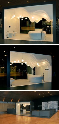 three different views of the inside of a building with lights on and furniture in it