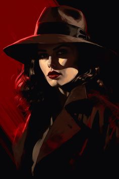 a painting of a woman wearing a black hat and trench coat with red lipstick on her lips