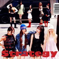 group of girls standing in front of a black van with the words strategy on it