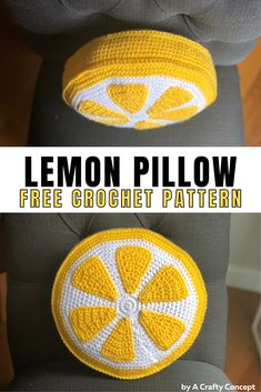 a crocheted lemon pillow is shown with the text, free crochet pattern