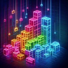 neon cubes are arranged in the shape of an abstract pattern on a dark background