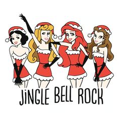 three women dressed up as santa clause and the words,'jingle bell rock '