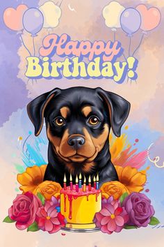 a happy birthday card with a dog in front of a cake and candles on it