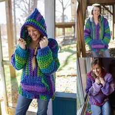 a woman wearing a colorful crocheted hooded jacket