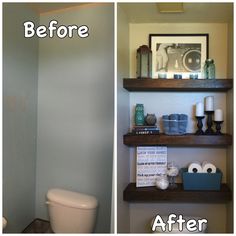 before and after pictures of a bathroom remodel with shelving, toilet paper roll holders and shelves