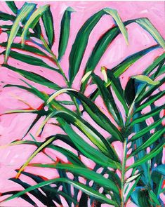 a painting of palm leaves against a pink background