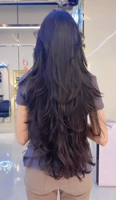 Deep V Layered Haircut, Long Layered Haircuts Waist Length, Lower Layers Haircut, Extremely Layered Hair Long, Long V Shaped Layered Hair With Curtain Bangs, Hip Length Haircut, How To Take Care Of Layered Hair, Very Long Hair Haircut, Long Hair Cuts No Layers