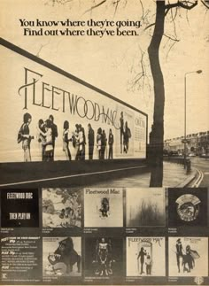 an advertisement for fleetwood music in the 1970's, with images of people on it