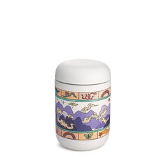 a white container with colorful designs on it