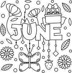 the word june is surrounded by flowers, butterflies and other things in black and white