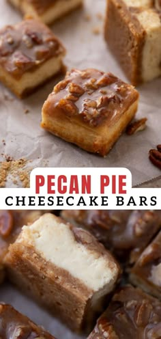 pieces of pecan pie cheesecake bars on parchment paper