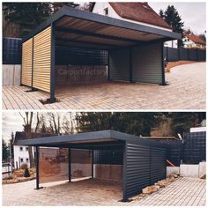 two pictures of a metal carportion with wood slats on the roof and side walls