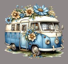 an old blue and white bus with flowers on the front is painted in watercolor