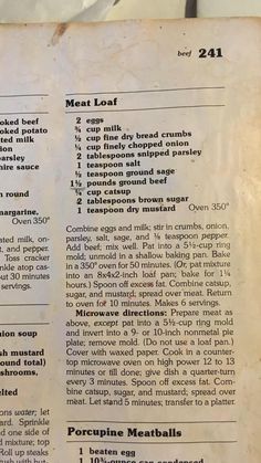 an old recipe book with instructions for meat loafs