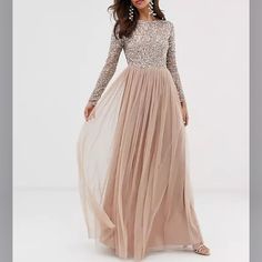 -Maya Bridesmaid Long Sleeve Maxi Tulle Dress With Tonal Delicate Sequins In Taupe Blush -Originally Bought From Asos. -Nwot Embellished Bridesmaid Dress, Sequin Embellished Top, Tule Rok, Soiree Dress, Stitching Dresses, Pink Wedding Dresses, Long Sleeve Sequin, فستان سهرة, Women's Evening Dresses