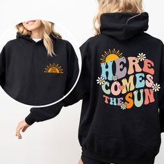 Here Comes the Sun Hoodie, Adventure Hoodie, Wanderlust Gift, Summer Trip Hoodie, Camp Lover Gifts, Family Matching Clothing, Road Trip  👉HOW TO ORDER👈 1️⃣  Choose your T-shirt color 2️⃣  Choose your T-Shirt size 3️⃣  Choose your design & text color 4️⃣ Need more Items? Add the current item in the cart. And If you like to add more items to your order please press the back button and repeat steps 1-3 again. 5️⃣Once all your desired items are in your cart you may complete your order by entering Fun Cotton Hoodie, Fun Cotton Hooded Hoodie, Fun Hooded Hoodie With Letter Print, Fun Hoodie Sweatshirt With Drawstring Hood, Winter Fun Hoodie With Letter Print, Fun Sweatshirt With Drawstring Hood, Fun Graphic Print Long Sleeve Hoodie, Fun Winter Hoodie With Letter Print, Fun Letter Print Hoodie For Winter