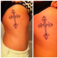 Pin on peircings and tattoos Cross Rib Tattoos, Pretty Cross Tattoo, Simple Cross Tattoo, Cross Tattoo On Wrist, Small Cross Tattoos, Simple Tattoos For Women, Cross Tattoos For Women, Cross Tattoo Designs, Back Of Shoulder Tattoo