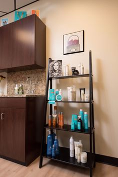 the shelves are filled with personal care products