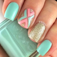 girly, #pastel spring #nailart with mint, pink & gold @glittr Nails Sommer, Mint Nails, Gold Nail Art, Spring Nail Colors, Her Nails, Super Nails, Nails Spring, Nails Summer