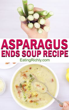 asparagus ends soup recipe in a bowl with spoon and lemons on the side