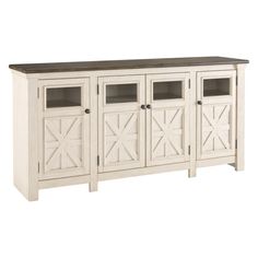 a white cabinet with glass doors and wood top