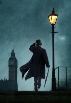 a man with a hat and coat walking down the street in front of a clock tower