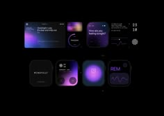 an image of some different app screens on a black background with purple and blue colors