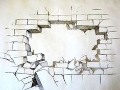 a drawing of a brick wall with cracks in it