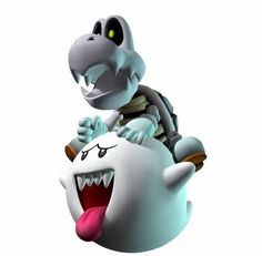 a cartoon character riding on top of a white object with its mouth open and tongue out