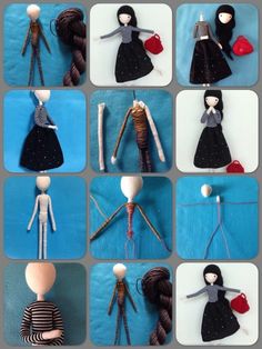 many different pictures of dolls made out of yarns and fabric balls, with one doll wearing a black dress