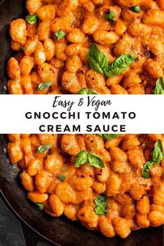 easy and vegan gnocchitto tomato cream sauce in a skillet with basil leaves on top