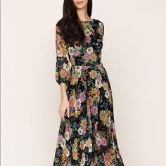 Brand New With Tag! Never Been Worn! Sold Out From Anthropologie. A Romantic Floral Print Complements The Elegant, Bohemian Feel Of Our Woodstock Floral Print Maxi Dress. Details Include A Full-Length Skirt, 3/4 Blouson Sleeves, And Hidden Back Zip. Lined. *Model Is Wearing Size Small, And Item For Sale Is A Size Small *Dry Clean Only Fabric: 100% Polyester Length: From Top Of Shoulder To Hem 60" Black Dress For Fall Garden Party, Black Floral Maxi Dress For Garden Party, Black Floral Print Dress For Daywear, Black Floral Print Maxi Dress For Daywear, Maxi Floral Dress, Floral Dress Outfits, Kim Dress, Elegant Bohemian, Romantic Floral Print