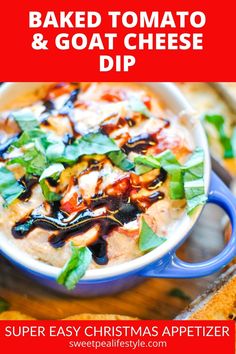 baked tomato and goat cheese dip in a blue bowl on a wooden table with text overlay